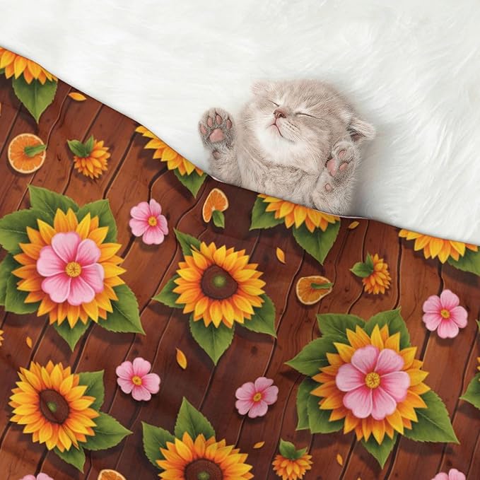 Double Sided Pet Bed Blanket for Added Cushion Warmth, Western Wood Rustic Sunflowers, Reversible Cover with Textured Dot Surface for Existing Beds Standalone Mat