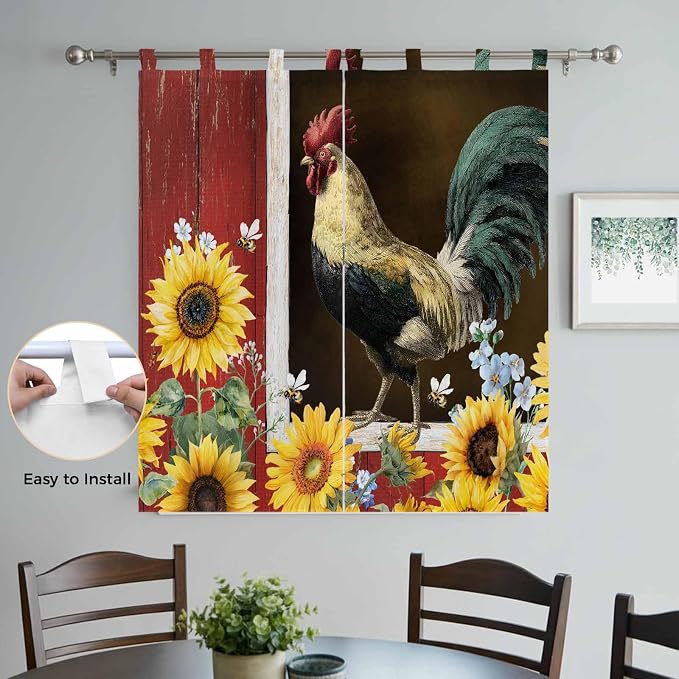 Chicken Sunflowers Bedroom Curtains 72 Inch Length, Window Curtains Tab Top