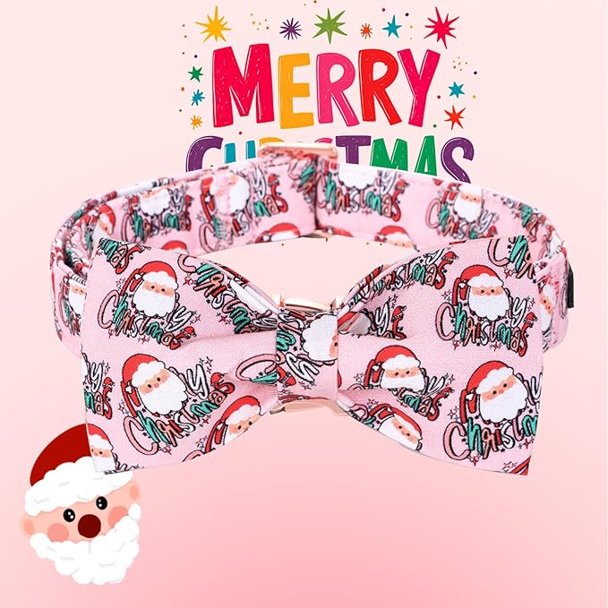 Christmas Dog Collar, Pink Christmas Santa Claus Dog Collar Bow Tie Pet Collars with Bow Adjustable Pet Collars with Premium Metal Buckle Dogs Necklace for X-Small Girl Dogs