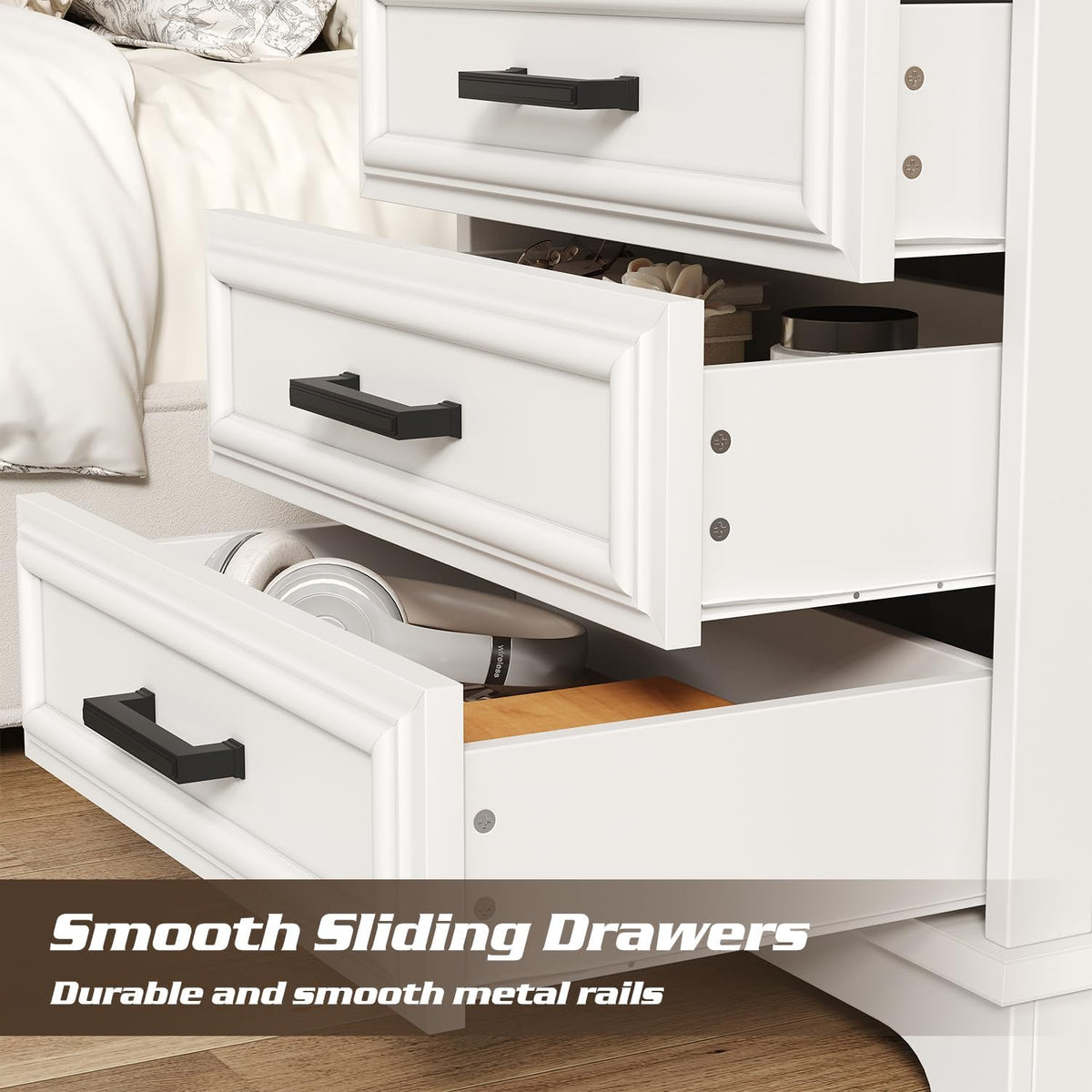 knoworld 24 Inch Wide Farmhouse Nightstands with Charging Station, White Nightstand with 3 Large Drawers, Rustic Wood End Table for Bedroom