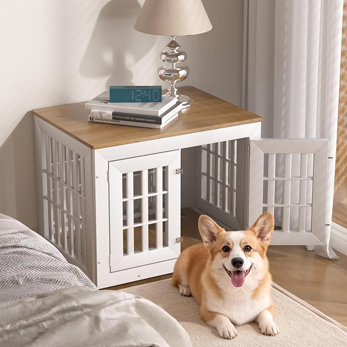 32" Heavy Duty Dog Crate Furniture for Small,Medium and Large Dogs,Rustic Wooden Dog Cage Kennel Indoor Furniture with Waterproof Top,Decorative Pet House Side End Table (White & Wood)
