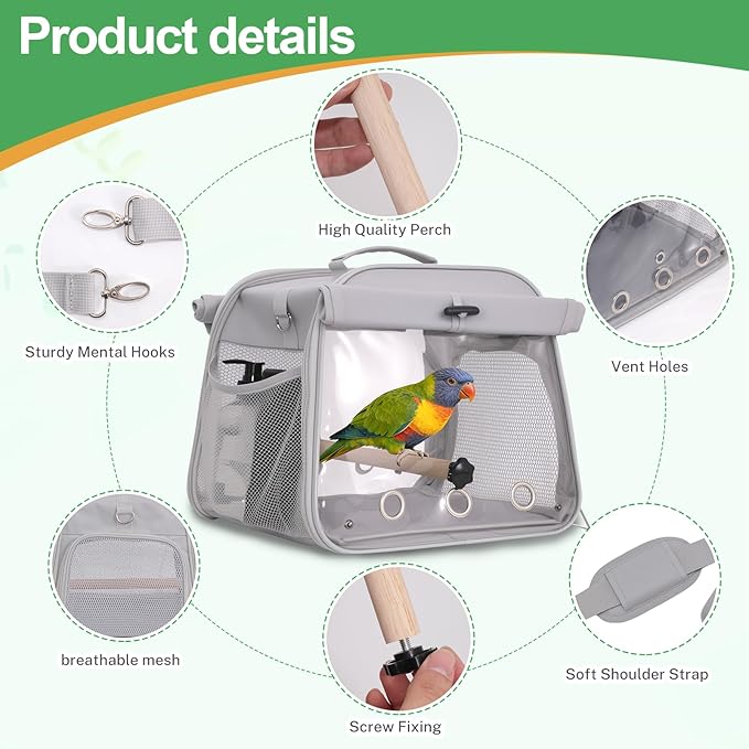 Portable Small Bird Travel Cage Carrier, Parrot Parakeet Cockatiels Bird Travel Cage, Lightweight Travel Bird Cage with Stand and Easy Clean Tray