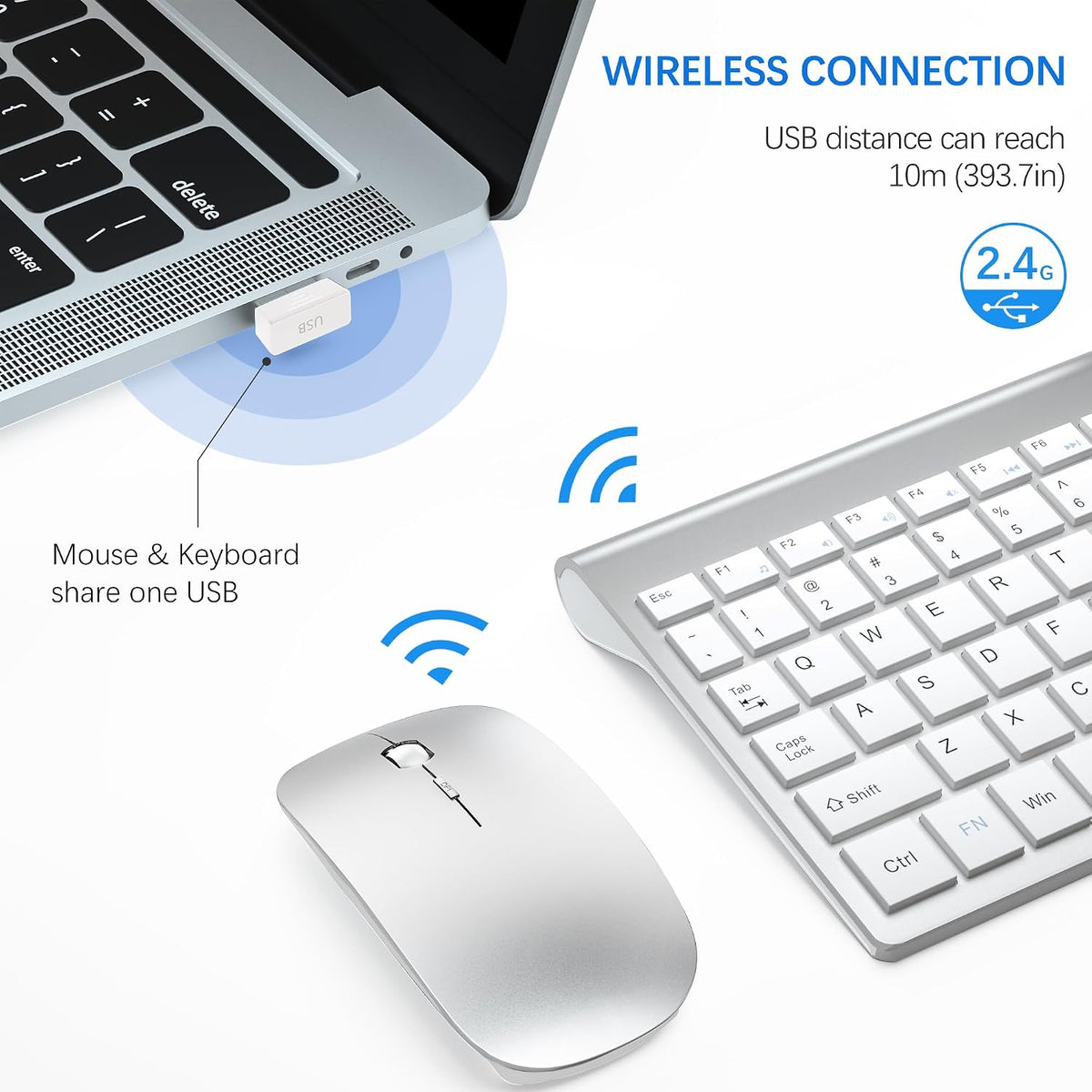 Wireless Keyboard and Mouse Ultra Slim Combo, TopMate - Silver White