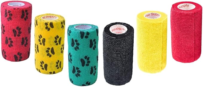 Prairie Horse Supply 3 Inch Vet Wrap Tape Bulk (Red, Yellow, Black and Black Paw Prints on Yellow, Red, Teal) (Pack of 6) Self Adhesive Adherent Adhering Flex Bandage Grip Roll for Dog Cat Pet