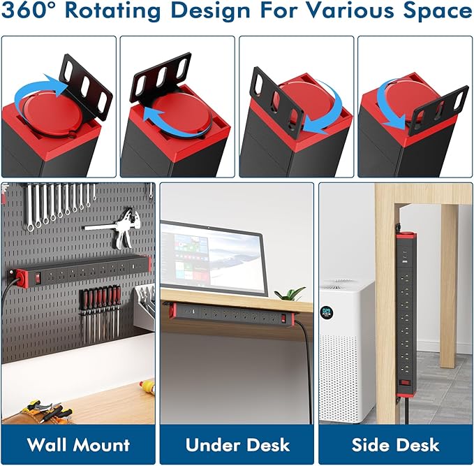 360° Rotating Mountable Power Strip with USB Ports, 8 Outlet Surge Protector Power Strips Wall Mount, Metal Heavy Duty Versatile Outlet with 6FT Power Cord,For Home Office Industrial Garage Commercial