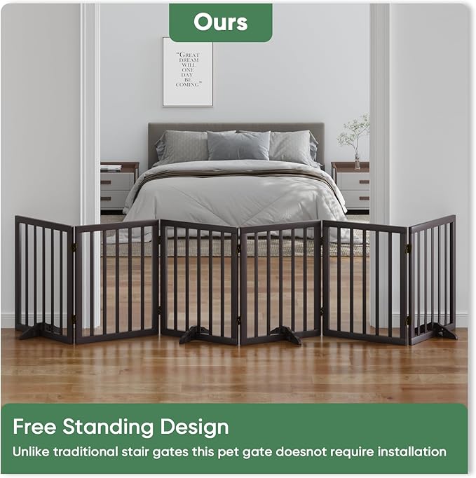 Brown Freestanding Foldable Pet Gate - 6 Panels, Metal Support Feet, Room Divider for Doorways & Bedroom