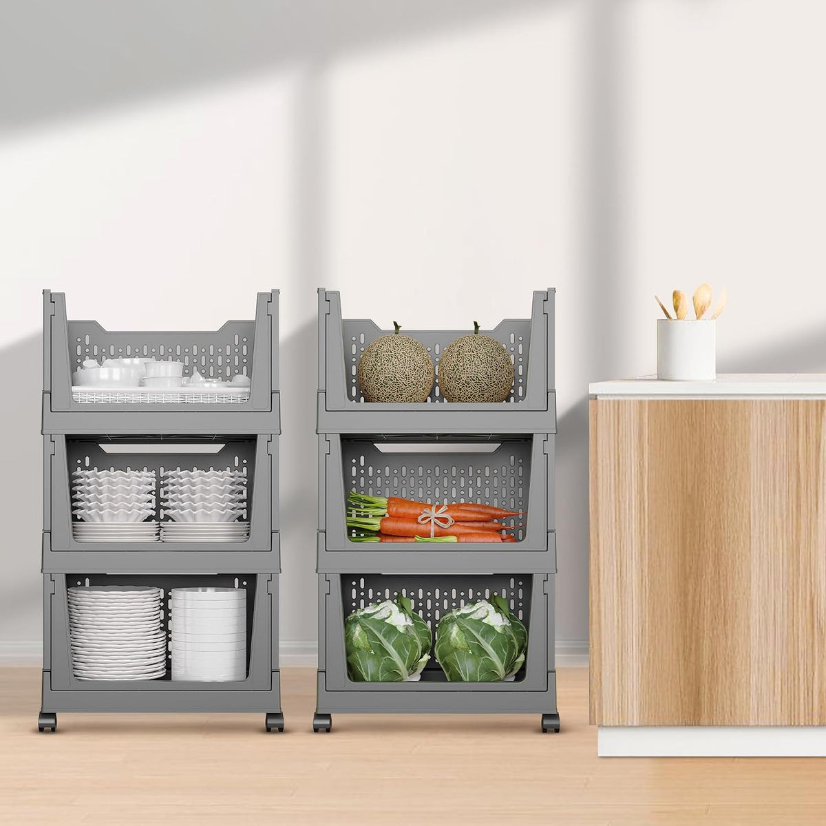 Stackable Storage Bins, Set of 3 Plastic Closet Organizers with Wheels