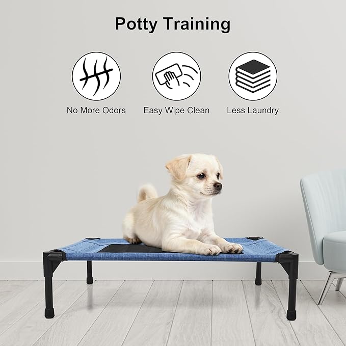 Raised Dog Bed Cooling Cot for Indoor Outdoor Use Portable Waterproof Mesh Pet Bed Washable for Large Medium Small Dogs, Blue
