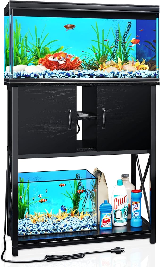 TC-HOMENY 10-29 Gallon Aquarium Stand with Charging Station and Cable Holes, Metal Fish Tank Stand with Storage Cabinet, 29" L x 16.5" W Tabletop, 880LBS Capacity