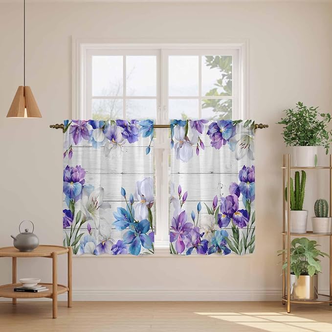 Spring Flowers Kitchen Curtains, Watercolor Garden Florals Wooden Grain Light