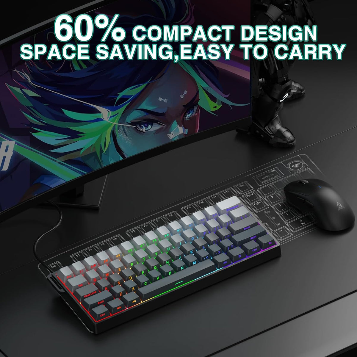 Aula WIN60 HE - 60% Mechanical Gaming Keyboard Wired, Hall Effect Magnetic Switch Hot Swappable,8000 Hz Polling Rate, RGB Keyboard 60 Percent Compact Design for PC (Gradient Gray)