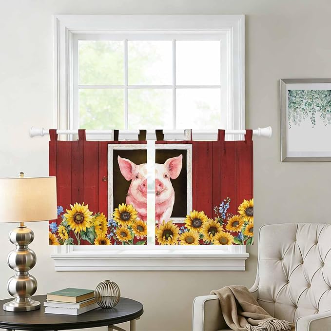 Pigs Sunflowers Kitchen Curtains 36 Inch Length, Small Window Curtains Tab Top