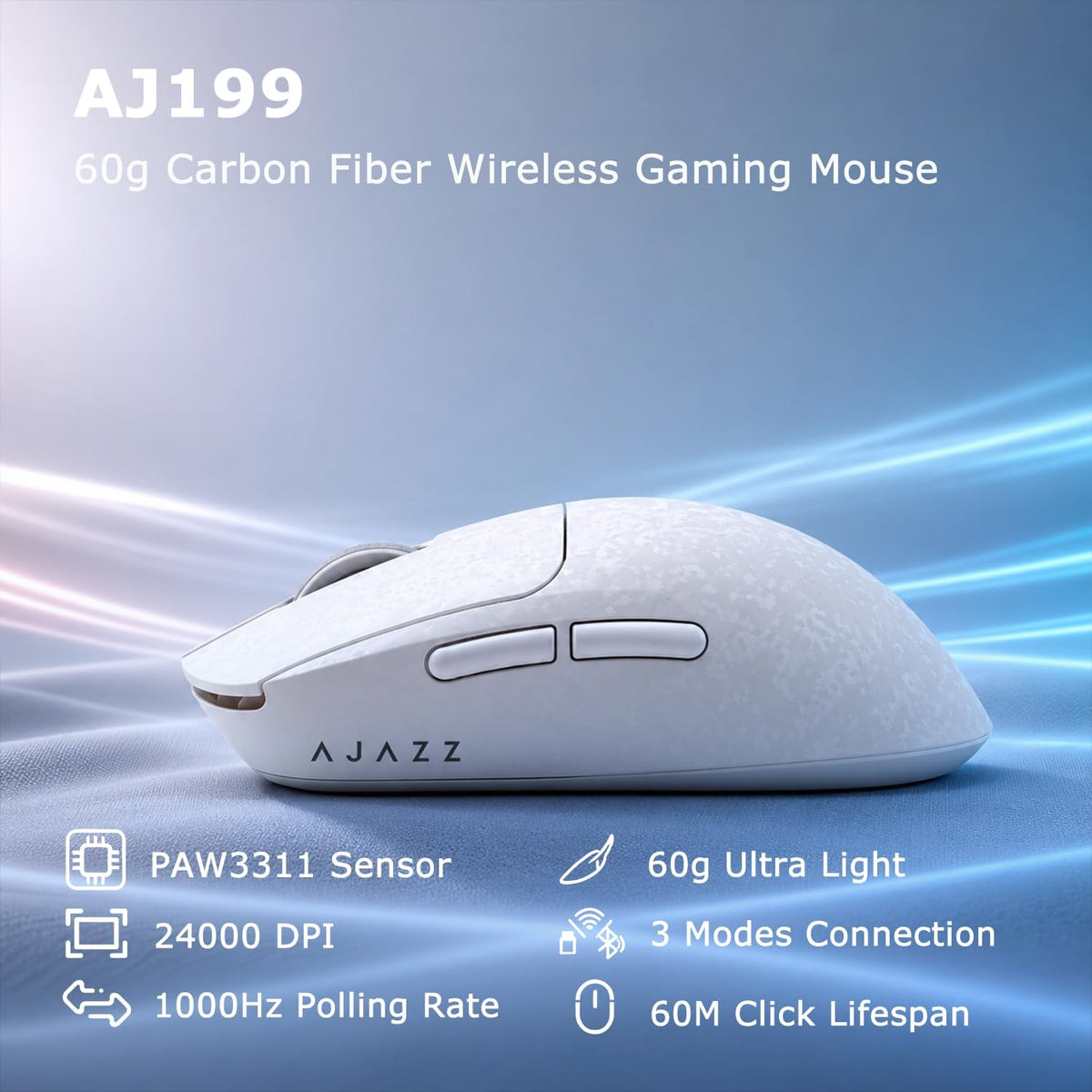 AJ199 Gaming Mouse, 60g Carbon Fiber Shell, Tri-Mode 2.4G/Bluetooth/USB-C