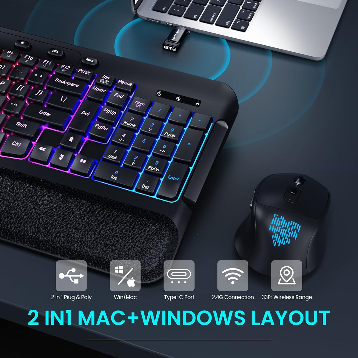 Ergonomic Wave Wireless Keyboard Mouse Combo, 9 RGB Backlit, Silent Keys