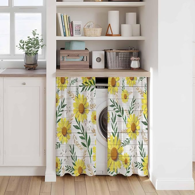 Yellow Daisy Kitchen Curtains, Farmhouse Country Flower Leaf Plant Wood Grain