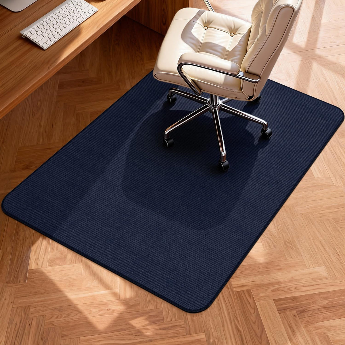 Blvornl Corduroy Office Chair Mat for Hardwood Floor and Low Pile Carpet, 35.4" x 47.3" Non-Slip Desk Rolling Chair Mat for Hard Floors, Heavy Duty Carpeted Floor Protector Rug for Home, Dark Blue