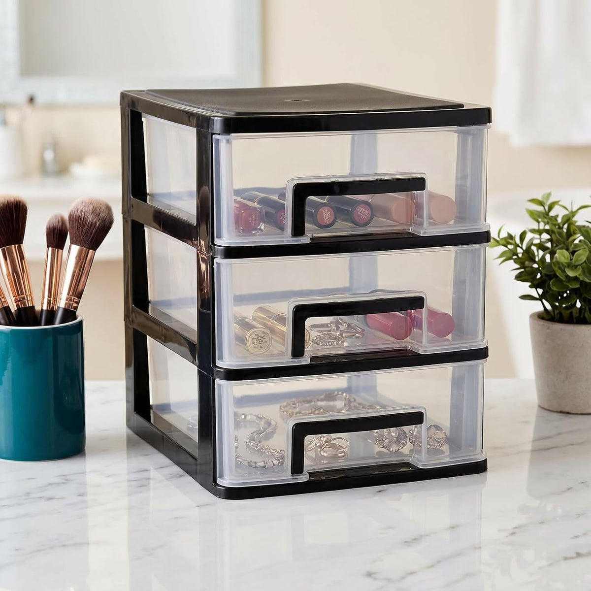 DOITOOL 3 Drawer Desk Organizers, Plastic Home Office Storage Organizer, Makeup Organizer Storage Station Cubes, Cosmetics Jewelry Storage Box for Bathroom, Dorm, Desk, Office