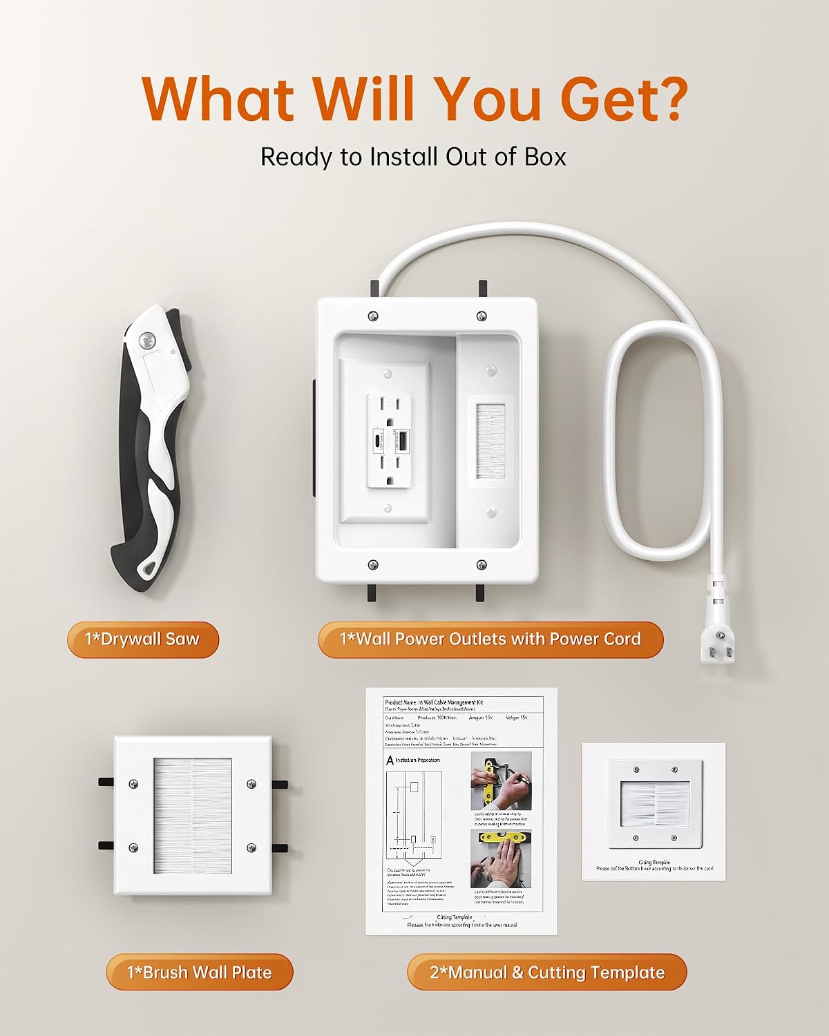 in Wall Cable Management Kit with Power and USB A+C for TV, Monitor
