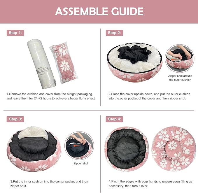 Donut Dog Beds for Medium Dogs, Calming Round Cat Beds for Indoor Cats, Cute 3D Textured Flower Pet Bed with Removable Washable Cover and Anti-Slip Bottom（Pink，30"）