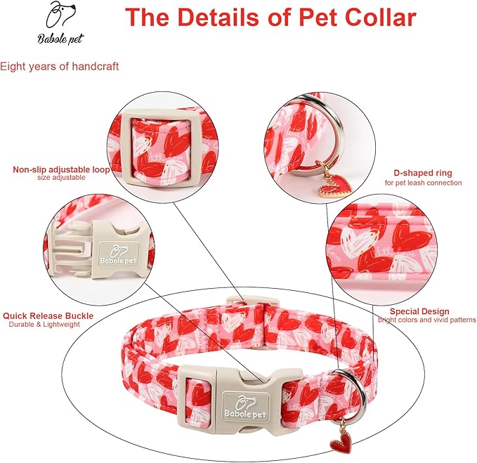 Valentines Dog Collar for Small Dogs - Cute Pink Girl Dog Collar, Doodle Heart Pattern, Adjustable Valentine Dog Collars with Red Heart Charm S