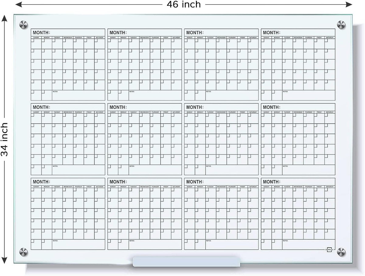 34"x46" Glass Whiteboard Calendar yearly Planner White Board 12 Month Dry Erase for Wall Glass Calendar Whiteboard Large Wall Calendar 2026