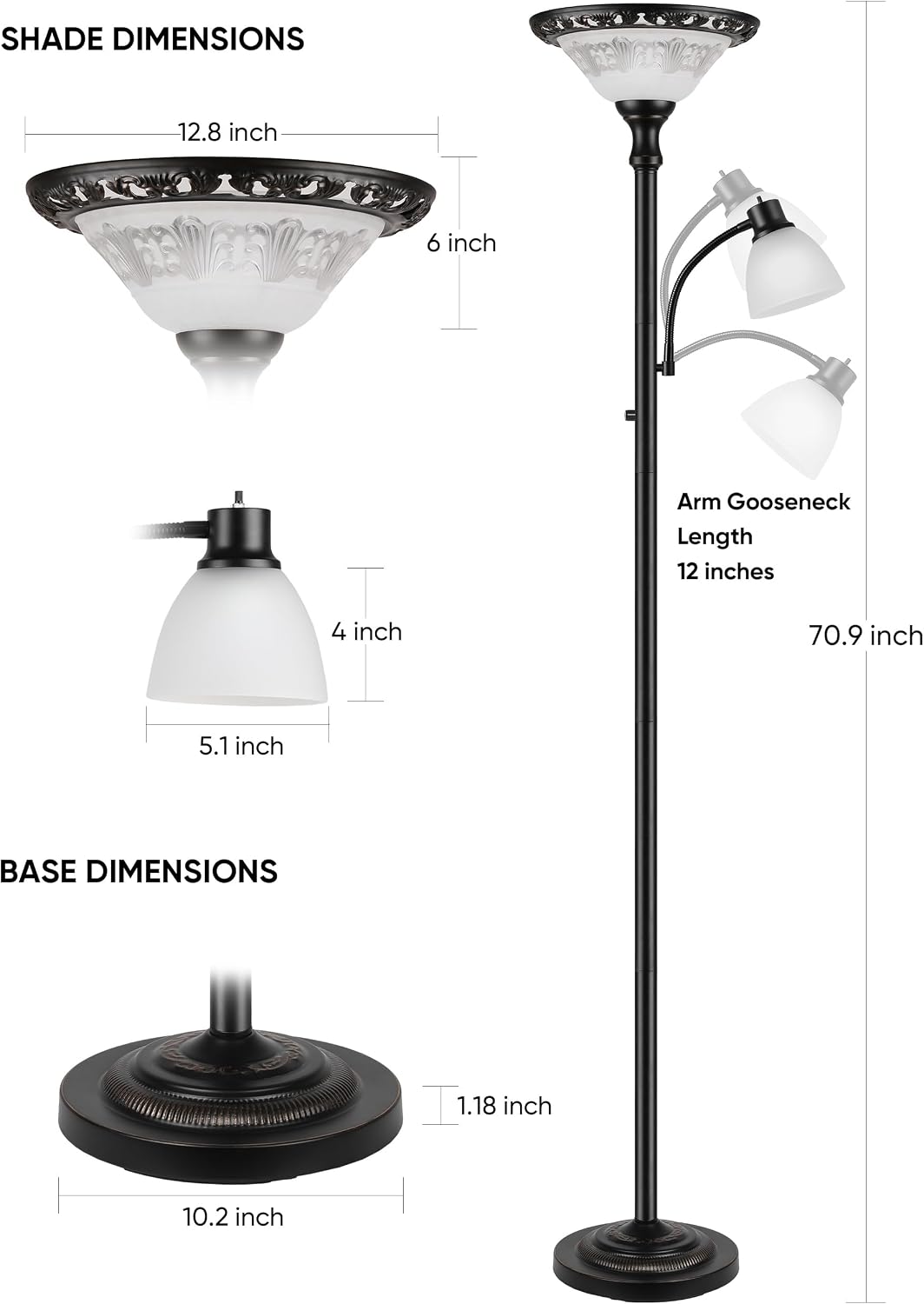 Torchiere Floor Lamps for Living Room, 71" Tall Standing Lamp with Thick Glass Shade, Metal Pole & Heavy Base, Vintage Corner Lamp with Reading Light Home Decor for Bedroom Office, 3CCT Bulb Included
