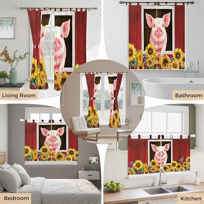 Pigs Sunflowers Bathroom Curtains 63 Inch Length, Window Curtains Tab Top