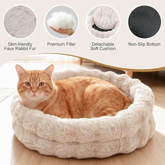 Cat Beds for Indoor Cats, Washable Round Beds for Small Dog and Cats, Soft Plush Faux Fur Removable Pet Bed for Puppy and Kitten, 20"x20"x6"