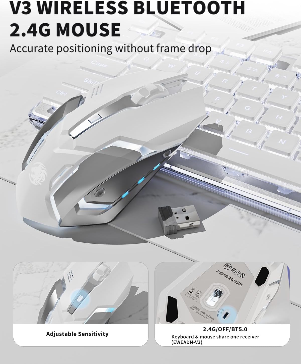 Wireless Keyboard and Mouse Combo with White Backlit, Rechargeable-White