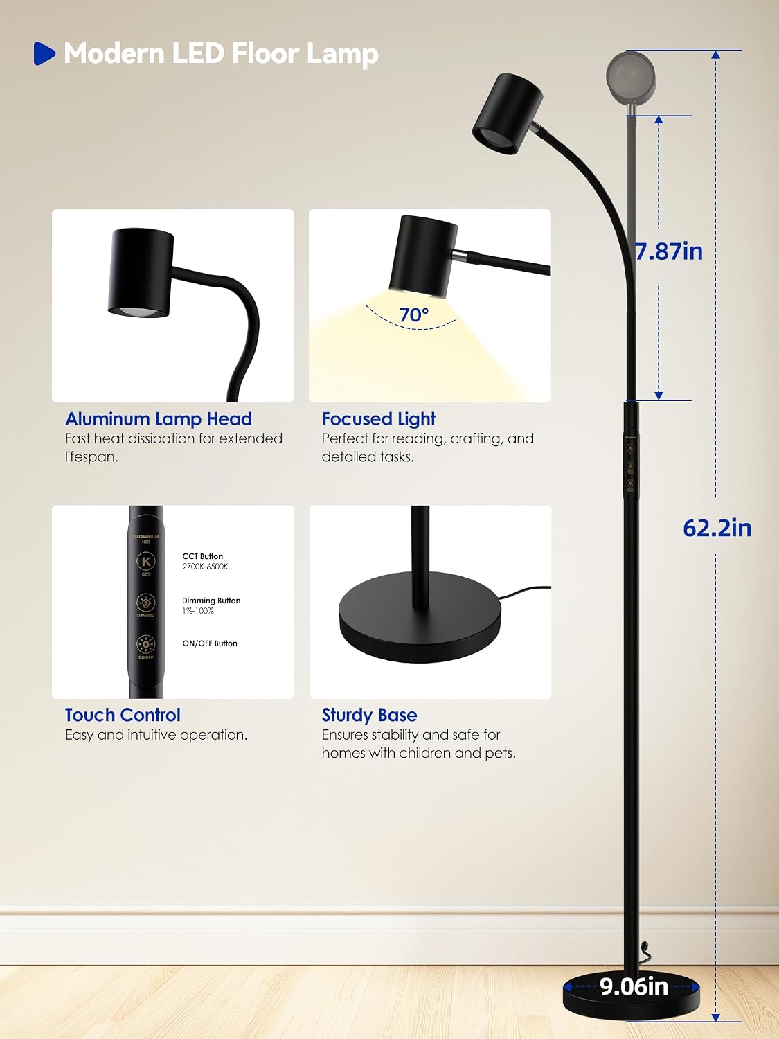 GLOWRIUM LED Reading Floor Lamp, 62" Floor Task Lamp, Adjustbale Floor Lamp