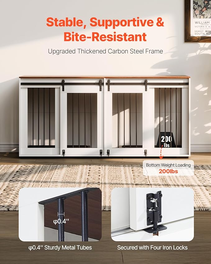 VEVOR 72"Dog Crate Furniture for 2 Dogs,Double Dog Crate Furniture with Double Sliding Doors,Large Dog Crate TV Stand with Removable Tray,Steel Frame Double Dog Crate for Small,Medium,Large Dogs White