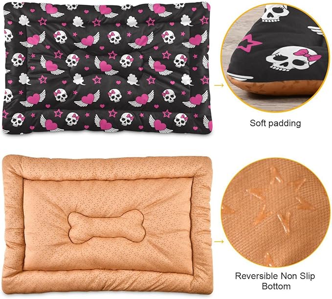 Pet Bed Skull Wings Heart Dog Bed Mat Absorbing Non Slip Pad Pet Sleeping Mat for Small, Medium, and Large Dogs Puppy Cat 36 in x 24 in