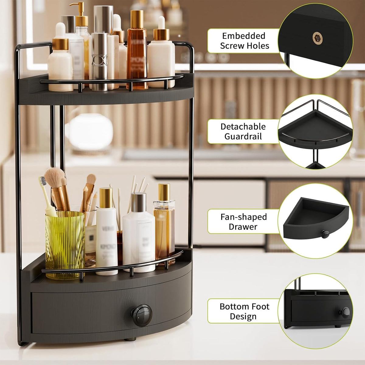 2-Tier Corner Bathroom Counter Organizer with Drawer, Black