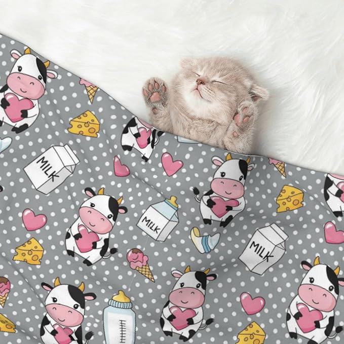 Reversible Pet Blanket for Sofa Protection Pet Comfort, Cartoon Cow Character, Double Sided Design with Cozy Nubby Nap Side and Durable Smooth Play Side