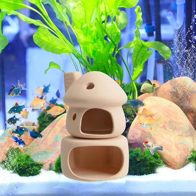 Cute Betta Fish Tank House with Mushroom Decor and Cave Habitat for Hiding Safely (Yellow Mushroom + Cave)