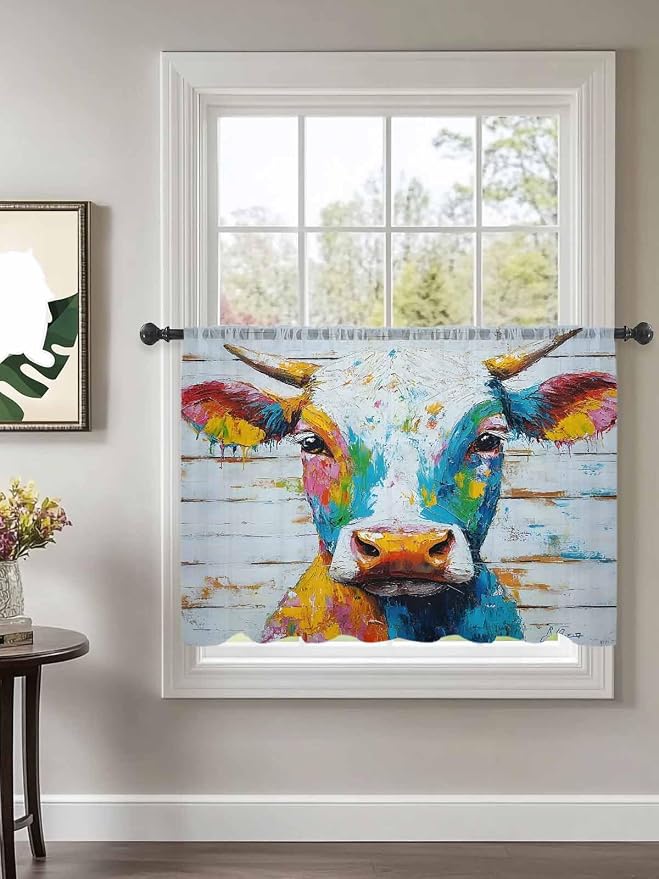 Sheer Curtains 54 Inch Length, Funny Colorful Cow Semi Sheer Curtains Light