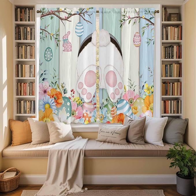 Easter Window Curtains 63 Inch Long 2 Panel Set, Rod Pocket Bedroom Curtains &