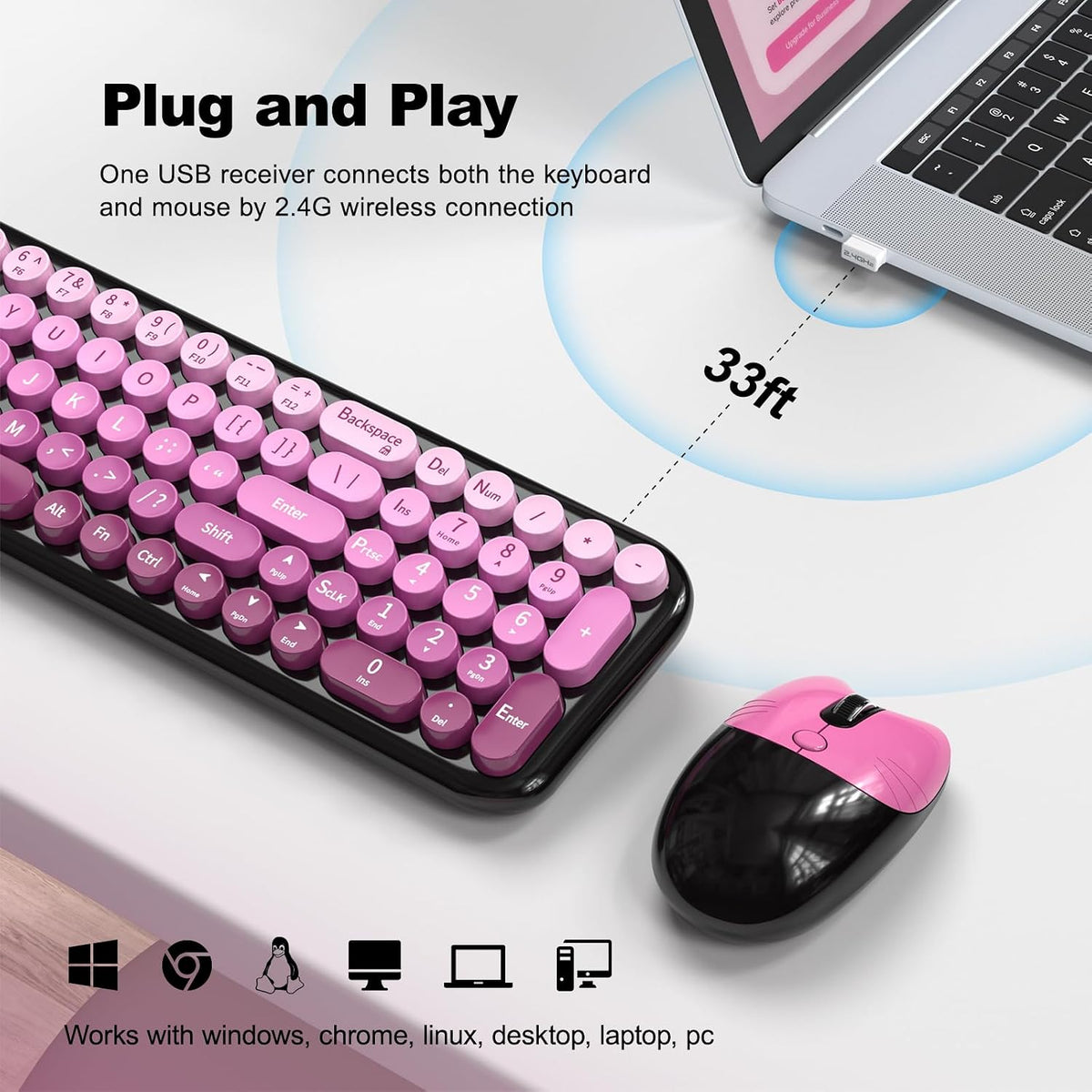 Wireless Keyboards Mouse Combos, 2.4G USB Cordless Keyboard Mouse Set with Colorful Round Retro Keycaps, Cute Typewriter Full-Size Keyboard for PC Laptop Desktop Computer Home Office-Black Pink