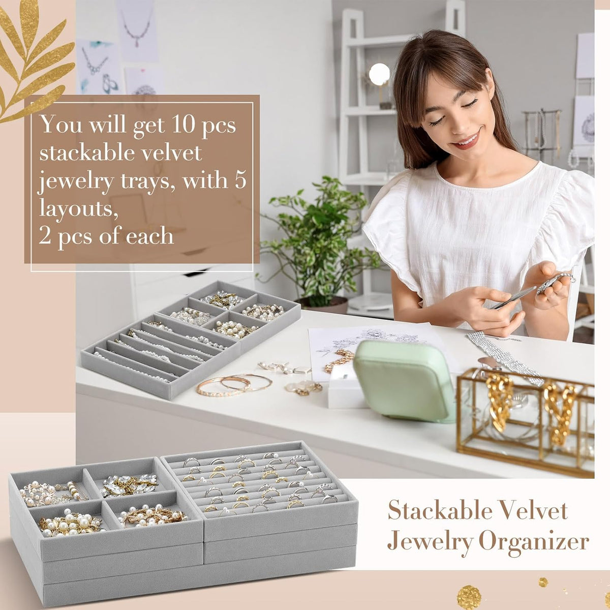 Cinnvoice Set of 10 Stackable Jewelry Organizer Tray for Drawer, Gray