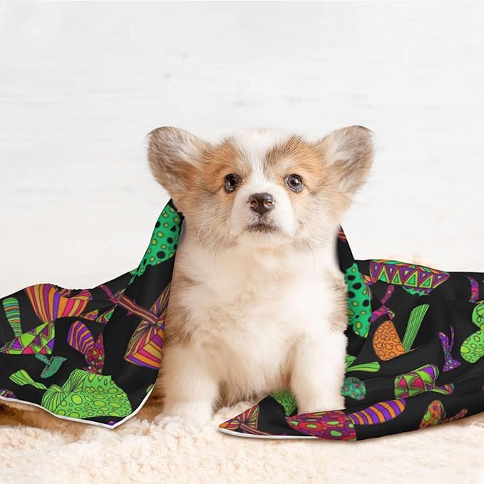 Double Sided Plush Pet Blanket with Cozy Dot Texture and Smooth Reverse, Trippy Mushrooms, Reversible Throw for Dogs Cats on Couches Beds Crates