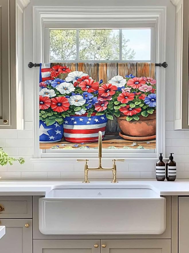 Sheer Curtains 54 Inch Length, Retro Independence Day Flag Wood Grain Privacy