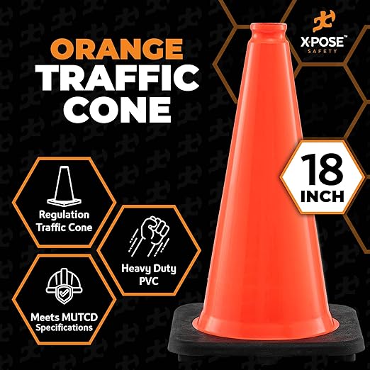Xpose Safety 18 Inch Orange Traffic Cones, 24-Pack - Multipurpose PVC Plastic Safety Cone for Parking, Soccer, Caution, Kids and Construction - DOT Approved