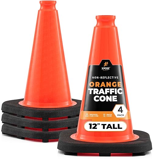 Xpose Safety 12 Inch Orange Traffic Cones, 4-Pack - Multipurpose PVC Plastic Safety Cone for Parking, Soccer, Caution, Kids and Construction - DOT Approved