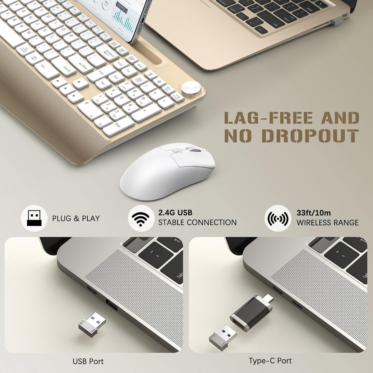 GAMCATZ Ergonomic Wireless Keyboard and Mouse with Wrist Rest，Phone Holder - 2.4GHz Full-Sized Low-Profile Quiet Gold Wireless Mouse and Keyboard Combo for Computer, Laptop, PC, Mac-Gold