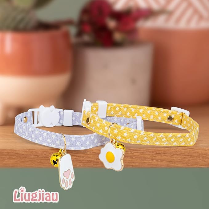 2 Pack Cotton Breakaway Cat Collar with Bell Yellow & Purple Egg Paw Pendant Cute Kitten Cat Collar Suitable for Girls and Boys