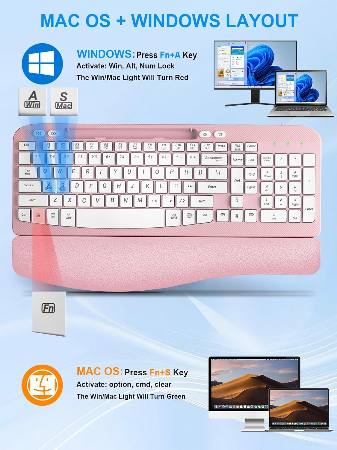 Hayyiesh Ergonomic Wave Keys Wireless Keyboard and Mouse Combo, Full Size with Memory Foam Wrist Rest & Phone Holder, 2.4G Cordless Set with USB-C Adapter for Windows Mac Desktop Laptop (Pink)