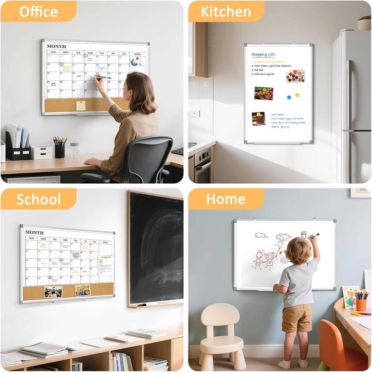 Monthly Dry Erase Calendar Whiteboard with Corkboard, 30" x 20", Silver