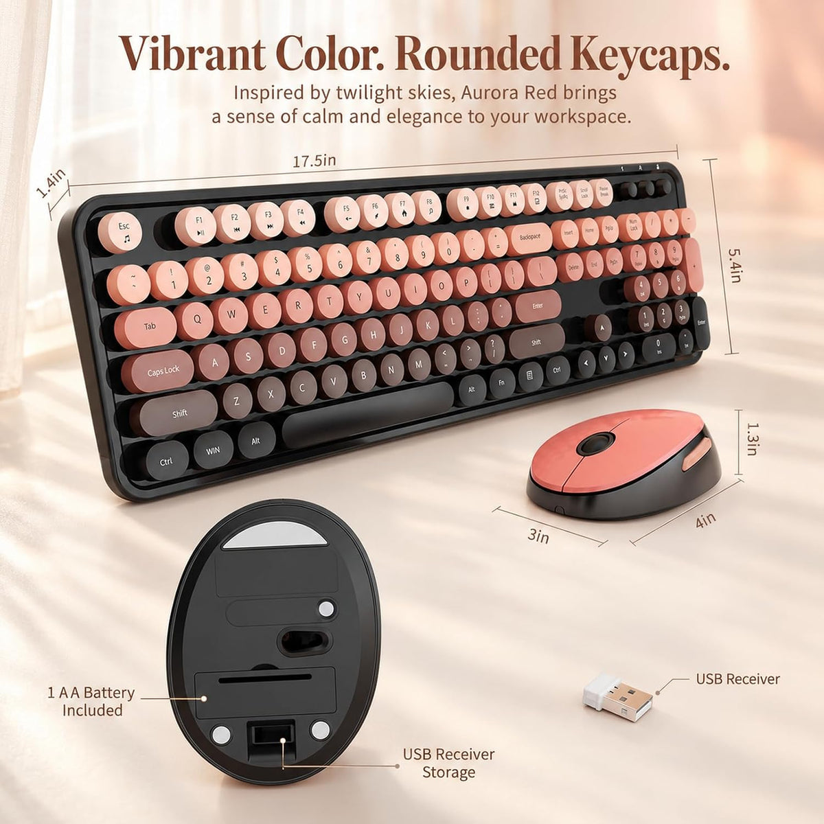 Nowlike Wireless Keyboard and Mouse Combo, Retro Typewriter Keyboard with Round Keycaps, Full-Size Ergonomic, Red, Ideal for Windows PC, Home, Office, and College, Wireless Keyboard Mouse Combo
