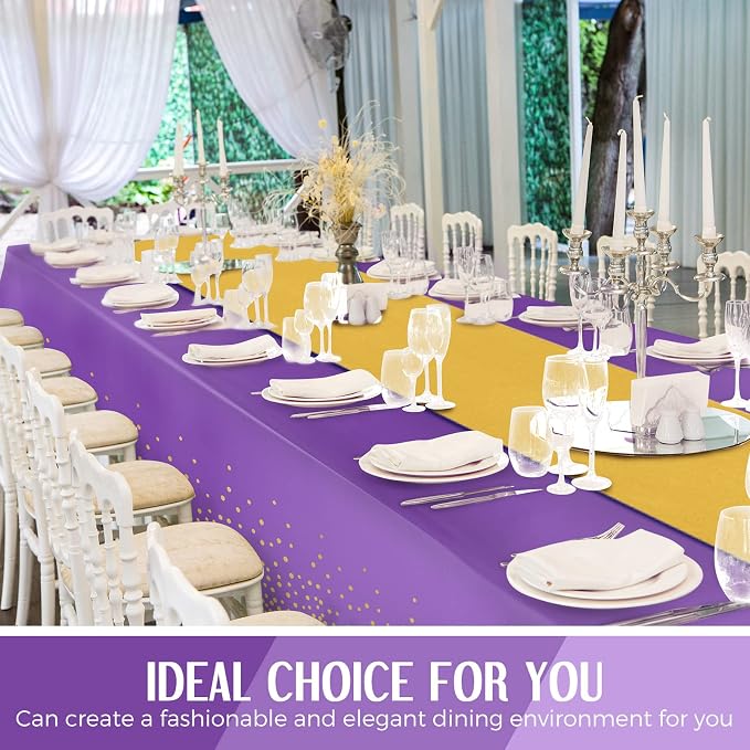 24 Pack Purple and Gold Disposable Plastic Tablecloths and Satin Table Runner