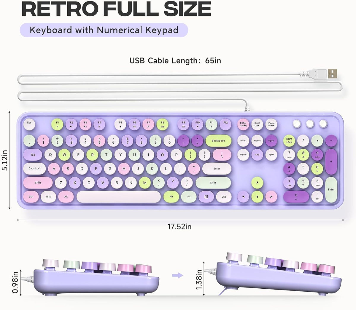 MOWUX Computer Keyboard Wired, Plug and Play USB Retro Round Typewriter Keyboard, Full Size Wired Keyboard with Foldable Stands for Laptop and Office PC- Purple Colorful